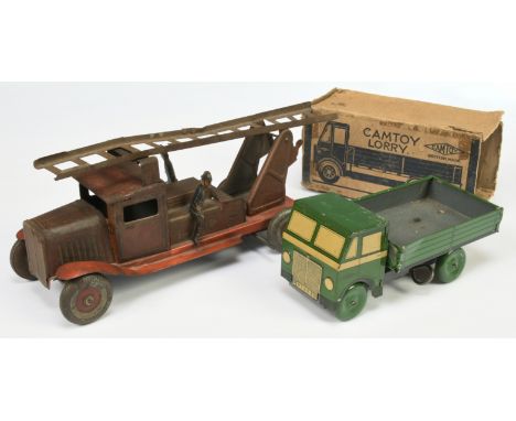 Mettoy Tinplate A Pair - (1) Camtoy Lorry - Green including wheels - Fair to Good in a Poor carded box and (2) Unboxed Fire e