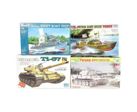 Model Kits - x4 assorted plastic model kits of various scales and makers comprising Trumpeter 1/35 scale Israel Ti-67, Revell
