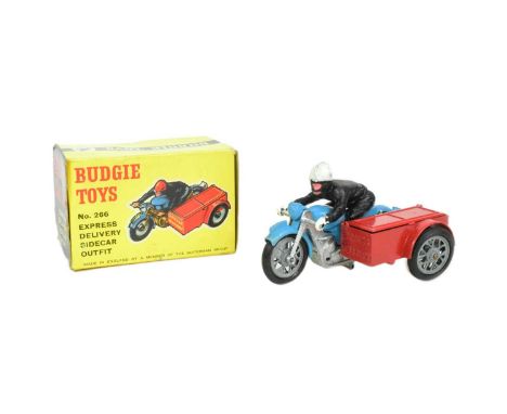 Budgie Toys - an original vintage Budgie Toys made diecast model No. 266 Express Delivery Sidecar Outfit. Red, with blue moto