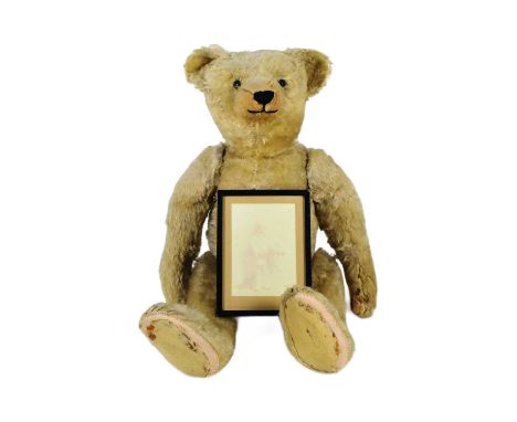 Teddy Bear - a large early 20th century German (likely Steiff ) made teddy bear. Pale golden mohair, with boot button eyes, p
