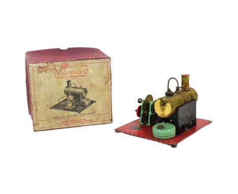 Mamod - a vintage Mamod stationary steam engine model No. S.E.2 on a red tinplate base with early triple spout burner and ori