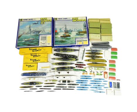 Triang - a collection of vintage Triang Minic 1/1200 scale diecast waterline model ships and dockside accessories to include 