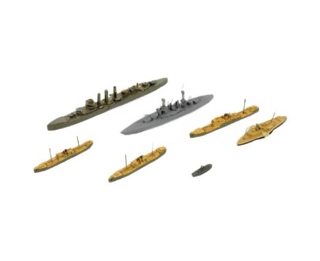 A collection of German Basset Lowke and other water line model ships comprising a hand painted grey wooden ship with Tennesse