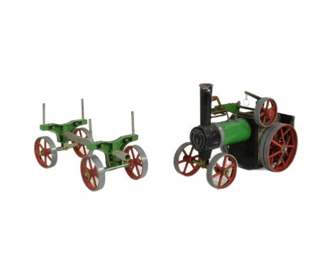 Mamod - a vintage Mamod steam traction engine No TE1A together with a lumbar wagon. Solid fuel example with burner tray.
