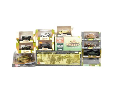 Diecast - a collection of x11 assorted diecast model tanks and military vehicles of various scales and makers to include Corg