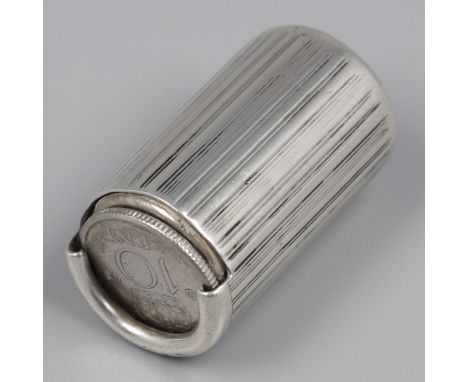 Coin tube for 10 cents coins ("dubbeltjes"), silver. Round model with working pressure mechanism. Equipped with line decor, o