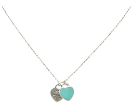 Tiffany &amp; Co sterling silver anchor link necklace with two heart-shaped pendants, one with blue-green enamel. In good con