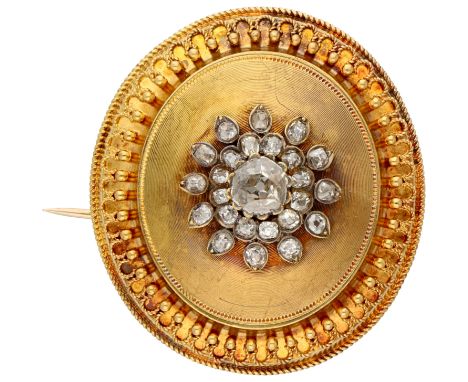14K Yellow gold antique brooch with cannetille work set with approx. 2.00 ct. old cut diamonds. Set with 25 old cut diamonds 