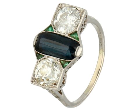 Platinum Art Deco ring with openwork centerpiece set with approx. 1.86 ct. diamond, natural sapphire and emerald. Set with tw