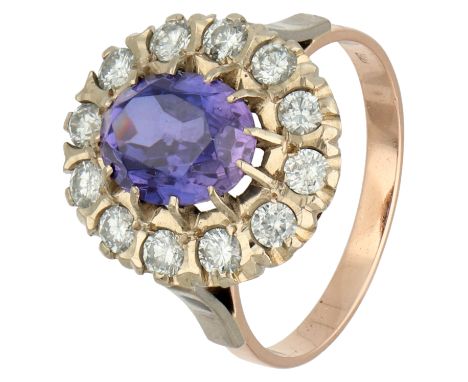 Russian 14K tricolor entourage ring set with synthetic bicolor sapphire and approx. 0.72 ct. diamond. Set with a faceted synt