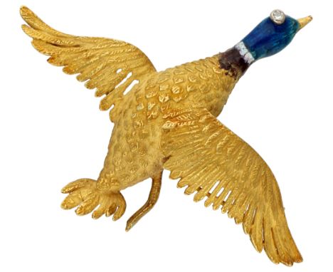 Vintage 14K yellow gold flying duck brooch with enamel and diamond. Set with a single cut diamond of approx. 0.01 ct set as a