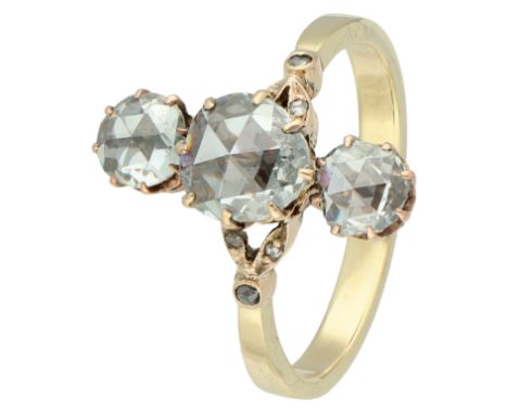 14K yellow gold antique princess ring set with rose cut diamonds. Set with three rose cut diamonds in open settings (approx. 