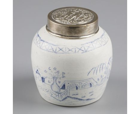 Ginger jar with silver lid. Beautiful antique ginger jar with blue / white Chinese decorations and fitted with a silver Dutch