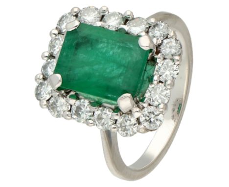 French 18K white gold vintage entourage ring set with approx. 2.08 ct. natural emerald and approx. 0.80 ct. diamond. Set with