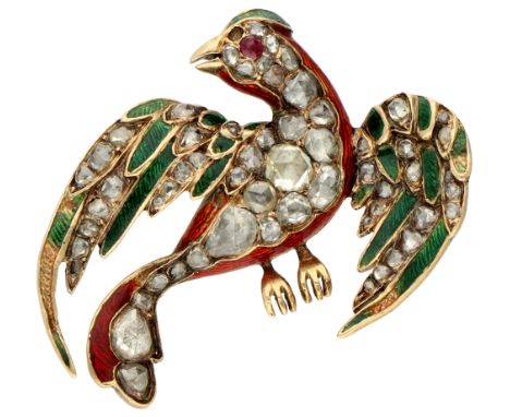 18K Yellow gold enameled bird pendant set with diamond and ruby. Converted into a pendant. Set with 59 rose cut diamonds, 3 o