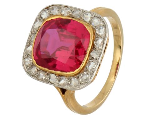 18K Yellow gold entourage ring set with synthetic ruby ​​and diamond. Set with a cushion cut synthetic ruby ​​(approx. 10.81 