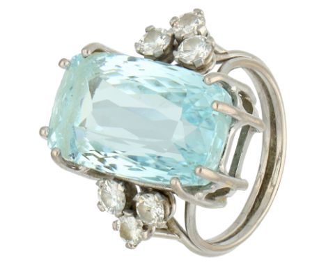 14K White gold cocktail ring set with approx. 12.60 ct aquamarine and 0.60 ct. diamond Set with a rectangular mixed cut aquam