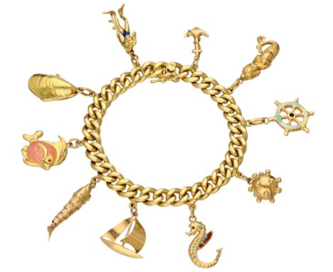 18K Yellow gold maritime gourmet charm bracelet including ten charms. Ten charms including an anchor, mermaid, steering wheel