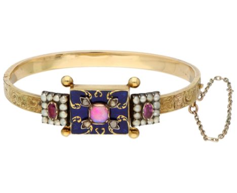 12K Yellow gold bangle bracelet set with opal, diamond, ruby, seed pearl and blue enamel. The centerpiece (possibly once a co