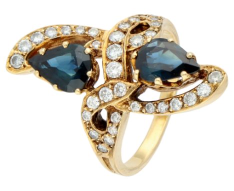 French 18K yellow gold Toi &amp; Moi ring set with sapphire and diamond. Two natural pear cut sapphires of approx. of 0.92 ct