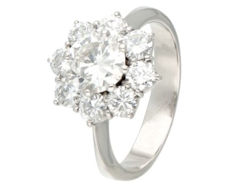 HRD-certified 14K white gold entourage ring set with approx. 2.60 ct. diamond. Set with nine brilliant cut diamonds of a tota