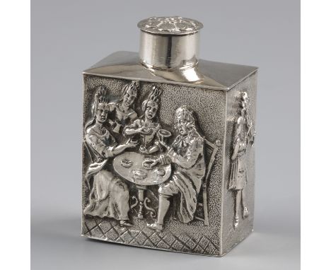 Tea caddy (China Export Silver) silver. Beautiful Chinese-made tea caddy with European-inspired figures in relief. China, Unk