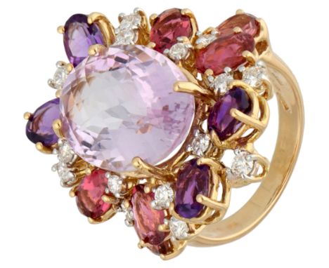 Hasbani 18K yellow gold cocktail ring set with natural amethyst, tourmaline and diamond. Set with a checkerboard cut amethyst