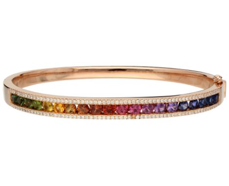 18K Rose gold rainbow bangle bracelet set with approx. 3.40 ct. sapphire and approx. 0.63 ct. diamond. Set with 20 round face