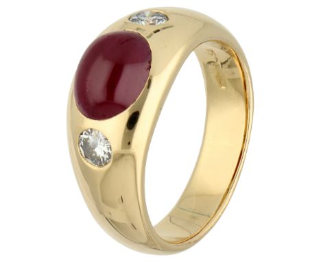 Wempe 18K yellow gold ring set with ruby and diamond. Set with one cabochon cut natural ruby of approx. 3.56 ct. approx. 9.46