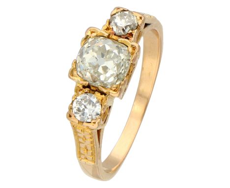 18K yellow gold three-stone ring set with approx. 1.03 ct. diamond. Set with an old mine cut diamond of approx. 0.80 ct. (5.8