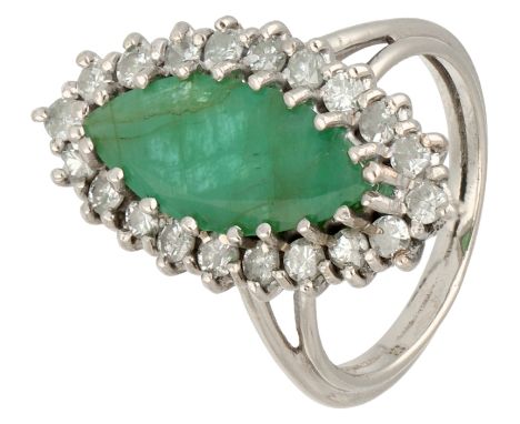 18K White gold vintage navette entourage ring set with approx. 2.06 ct. emerald and approx. 0.60 ct. diamond. Set with a marq