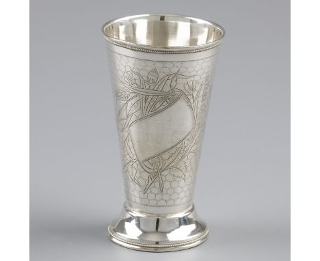 Goblet silver. Beautiful tulip-shaped model with engraved scales and vacant cartouche surrounded by a field bouquet. Russia, 