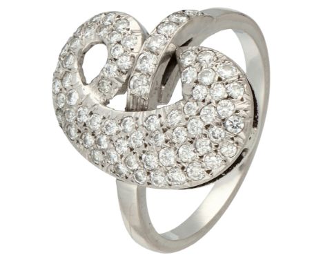 14K White gold ring with centerpiece depicting the letter 'e' set with approx. 1.03 ct. diamond. Set with 69 brilliant cut di