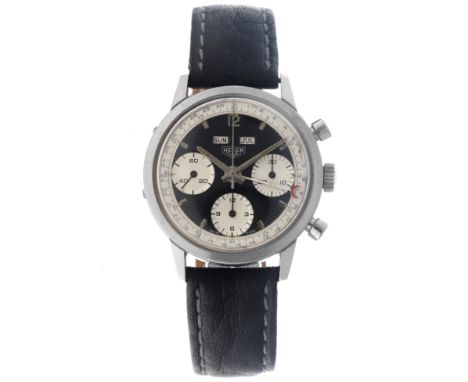 Heuer Carrera Dato 12 Triple Calendar 'Reverse Panda' 2547N - Men's watch - approx. 1965. Case: steel - strap: leather - manu