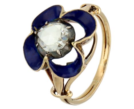 18K Yellow gold ring set with a rose cut diamond in silver surrounded by blue enamel. Set with one rose cut diamond set in a 