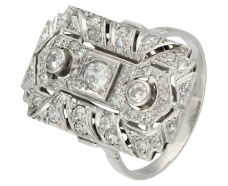 Platinum Art Deco ring with geometric openwork details and set with diamonds. Tests as 75% platinum. Set with single and old 