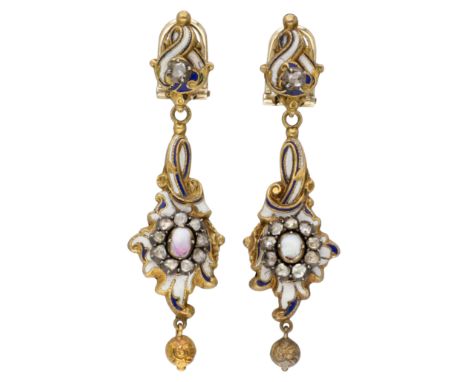 Antique 18K yellow gold earrings with opal and diamond. A pair of driven earrings set with an entourage of an opal (4.83 x 3.