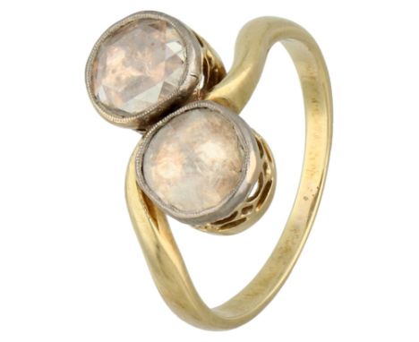 14K Yellow gold Toi et Moi ring with rose cut diamonds in closed settings on silver foil. Set with two rose cut diamonds in c