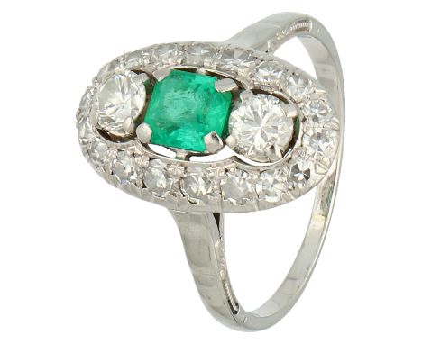 14K White gold ring set with approx. 0.78 ct. diamond and green stone in platinum. Set with two brilliant cut diamonds of app