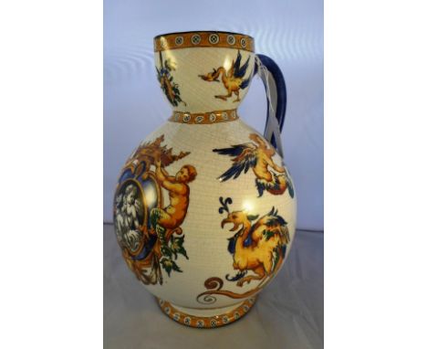 A 20th century continental ceramic jug decorated with cherubs and mythical beasts, 23cm