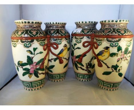A pair of early 20th century Kutani double vases, decorated in polychrome enamel, two character mark to base, 26cm tall Condi