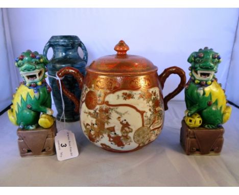 An early 20th century Kutani Japanese twin-handled pot & cover, together with a pair of Chinese ceramic Dogs of Fo and a Euro