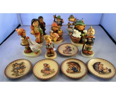 A collection of nine Hummel figurines to include 'Happy Wanderer', 'Chick Girl' and others, together with five miniature repr