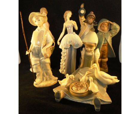 Five Lladro figurines to include a girl sitting with feeding geese on her lap, a boy carrying a fishing rod, a pair of childr