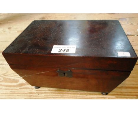 A 19th century mahogany tea caddy, later converted to a keepsake box, on bun supports, 21cm x 13cm x 14.5cm