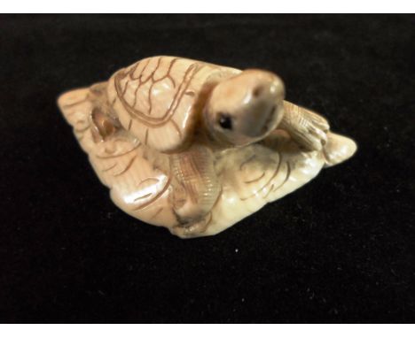 A late 19th century Japanese carved ivory netsuke of a tortoise on a triangular shaped leaf, 6cm, signed