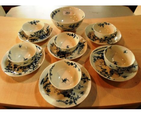 A set of six First Period Worcester blue and white tea bowls and saucers, in the Prunus Root pattern, circa 1760, together wi