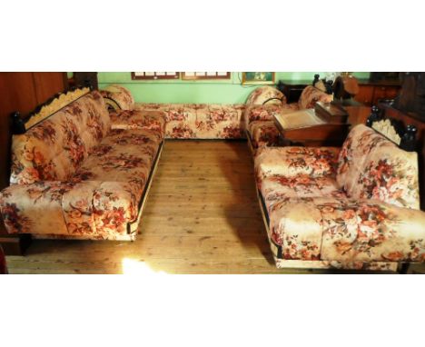 A five piece far eastern upholstered lounge suite, comprising sofa, footstool, daybed and two armchairs