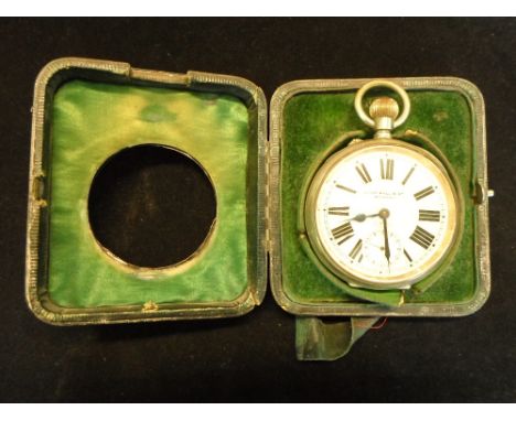 A goliath pocket watch in white metal case, the enamel dial bearing the name John Bull & Co. Bedford, 8 day movement in a fit