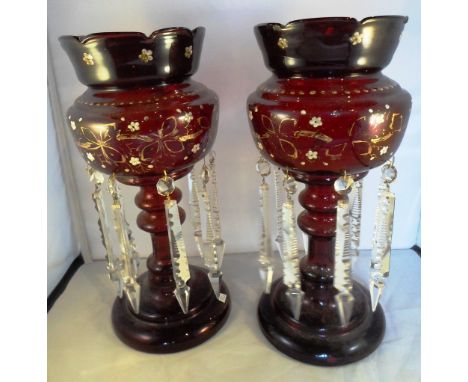 A pair of Victorian cranberry & clear glass table lustres, with enamel decoration, 33cm tall